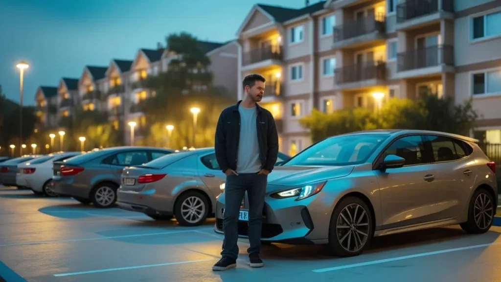 Homem para observando estacionamento em seu condomínio
