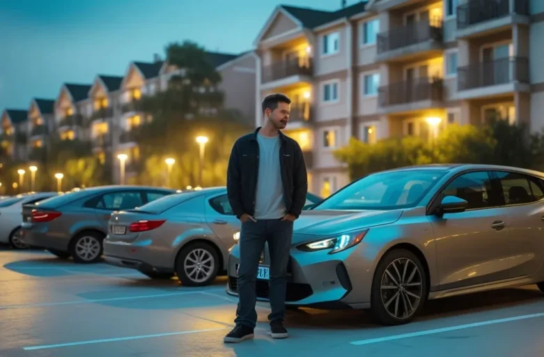 Homem para observando estacionamento em seu condomínio