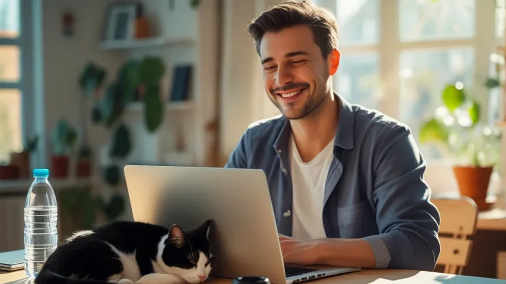 Trabalhador de home office com seu gatinho