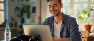 Trabalhador de home office com seu gatinho