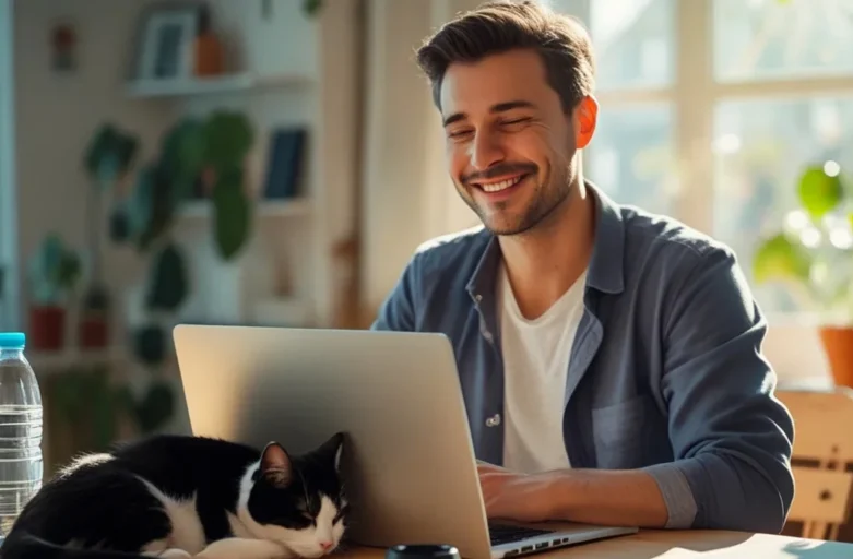Trabalhador de home office com seu gatinho