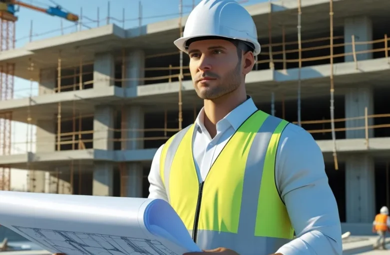 Engenheiro observando a planta de uma obra atrasada