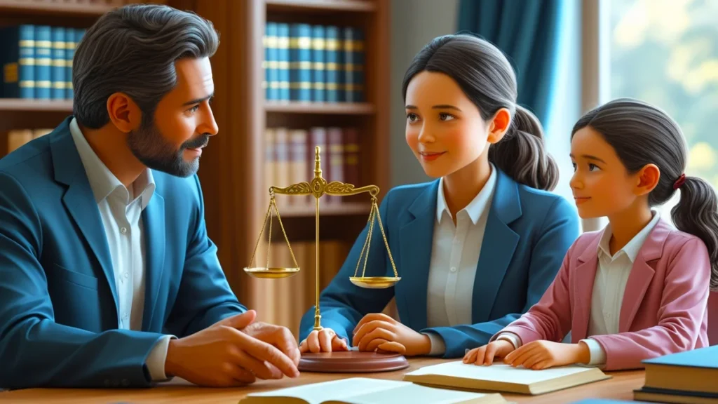 Advogado um escritório de advocacia, mostrando um documento que simboliza um ofício judicial para desconto de pensão alimentícia em folha de pagamento para um cliente, com holerite sobre a mesa, representando o direito de família.
