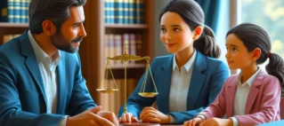 Advogado um escritório de advocacia, mostrando um documento que simboliza um ofício judicial para desconto de pensão alimentícia em folha de pagamento para um cliente, com holerite sobre a mesa, representando o direito de família.