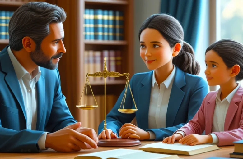 Advogado um escritório de advocacia, mostrando um documento que simboliza um ofício judicial para desconto de pensão alimentícia em folha de pagamento para um cliente, com holerite sobre a mesa, representando o direito de família.