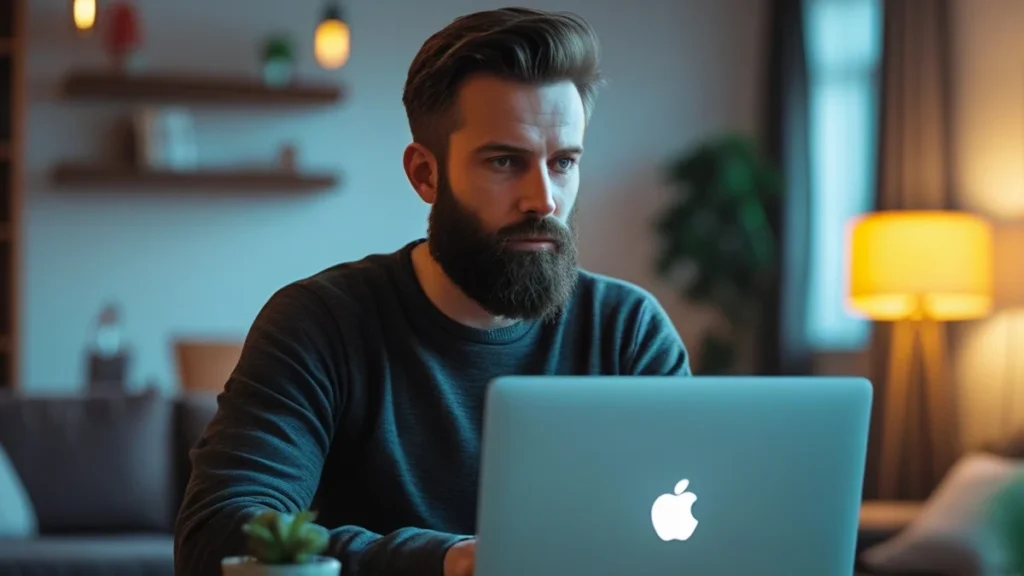 Homem vendo um boleto em seu computador, simbolizando o golpe do falso boleto de acordo judicial ou dívida.