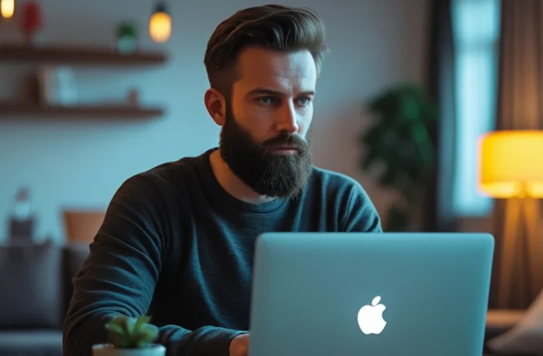 Homem vendo um boleto em seu computador, simbolizando o golpe do falso boleto de acordo judicial ou dívida.