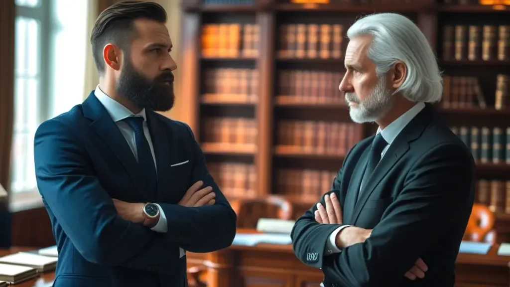 Idoso e um advogado, simbolizando a confecção de uma procuração para garantir a segurança de seus direitos.