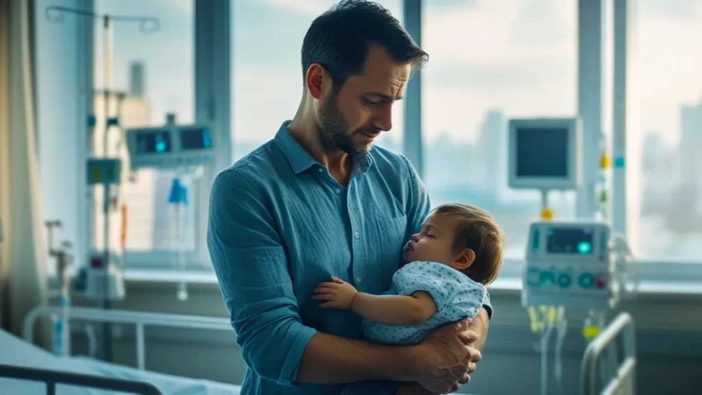 Um pai feliz segurando seu bebê, representando a importância da licença-paternidade estendida para o vínculo familiar.