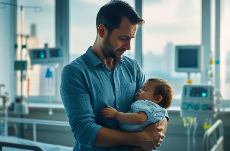 Um pai feliz segurando seu bebê, representando a importância da licença-paternidade estendida para o vínculo familiar.