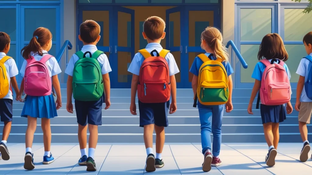 Pai olha através dos portões fechados de uma escola, simbolizando a frustração de ser impedido de participar da vida escolar da criança.