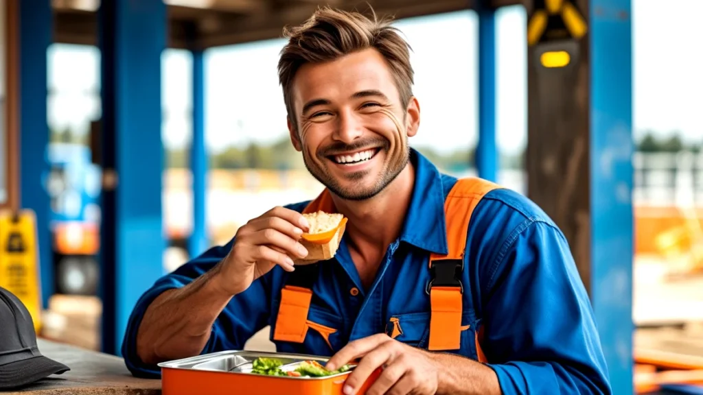 Empregado almoçando, representando o direito ao tempo de descanso e almoço no ambiente de trabalho.