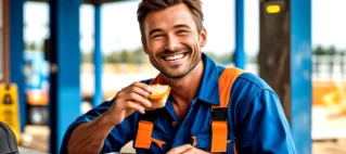 Empregado almoçando, representando o direito ao tempo de descanso e almoço no ambiente de trabalho.