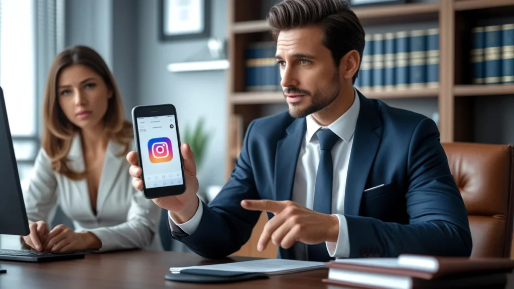 Advogado em seu escritório aponta para a tela de um celular, mostrando um perfil de rede social para um cliente, simbolizando a consultoria jurídica para um caso de difamação no Facebook ou Instagram.