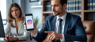 Advogado em seu escritório aponta para a tela de um celular, mostrando um perfil de rede social para um cliente, simbolizando a consultoria jurídica para um caso de difamação no Facebook ou Instagram.