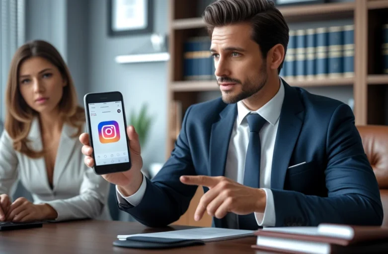 Advogado em seu escritório aponta para a tela de um celular, mostrando um perfil de rede social para um cliente, simbolizando a consultoria jurídica para um caso de difamação no Facebook ou Instagram.