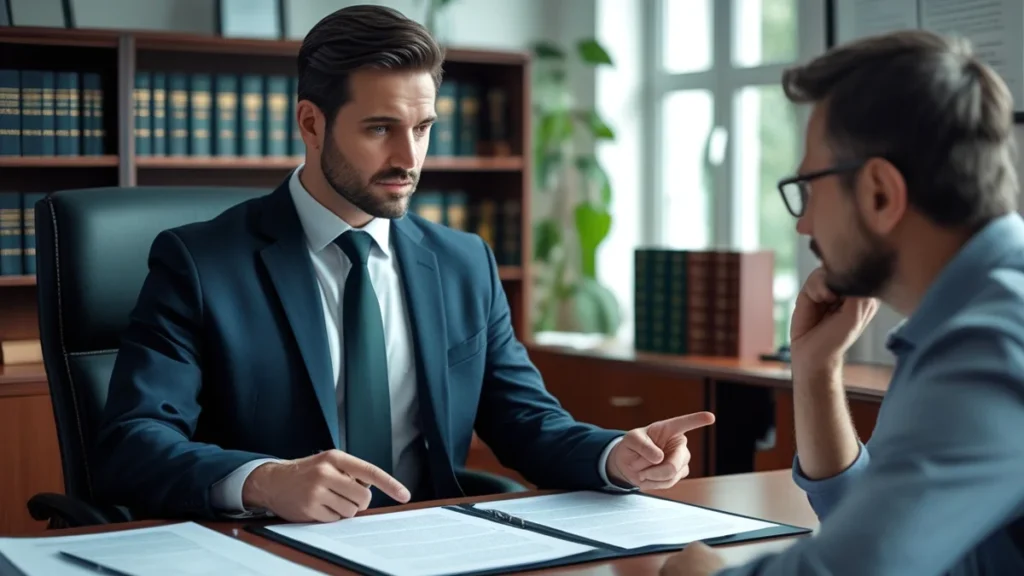 Advogado especialista em direito de família apontando para um documento, explicando a um cliente como funciona o desconto da pensão alimentícia na folha de pagamento.