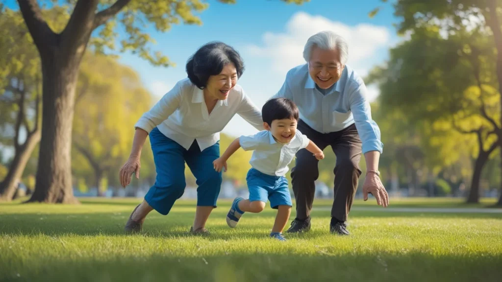 Avô e Avó brincando com o neto, simbolizando a complexidade das relações familiares e a responsabilidade legal dos avós socioafetivos.
