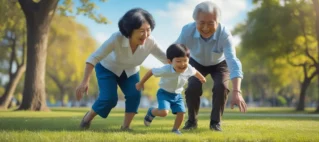 Avô e Avó brincando com o neto, simbolizando a complexidade das relações familiares e a responsabilidade legal dos avós socioafetivos.