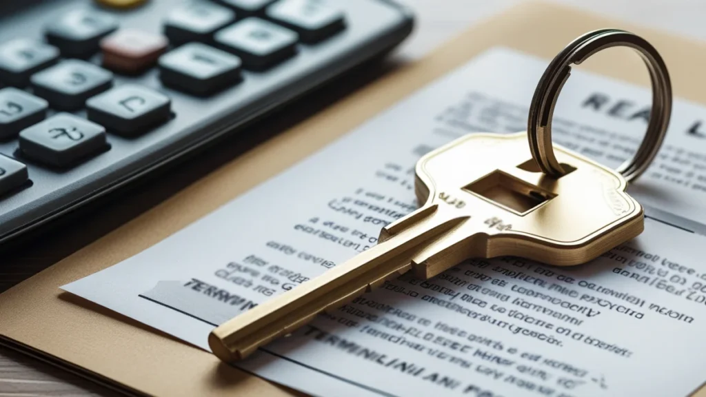 Uma chave de imóvel residencial repousando sobre um contrato de aluguel, simbolizando a quebra de contrato e a cobrança de multa rescisória.