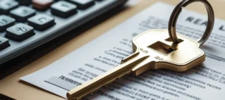 Uma chave de imóvel residencial repousando sobre um contrato de aluguel, simbolizando a quebra de contrato e a cobrança de multa rescisória.