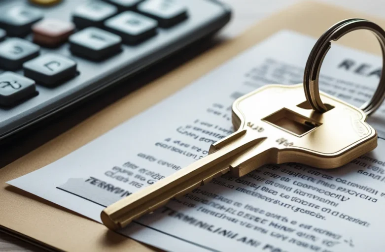 Uma chave de imóvel residencial repousando sobre um contrato de aluguel, simbolizando a quebra de contrato e a cobrança de multa rescisória.