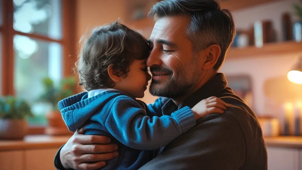 Um pai abraçando seu filho com carinho e proteção, simbolizando a responsabilidade da guarda unilateral. A imagem transmite a ideia de afeto e cuidado paterno, reforçando a mensagem principal do artigo.