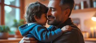 Um pai abraçando seu filho com carinho e proteção, simbolizando a responsabilidade da guarda unilateral. A imagem transmite a ideia de afeto e cuidado paterno, reforçando a mensagem principal do artigo.