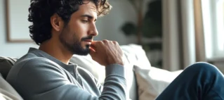 Um homem, pensativo, sentado em uma mesa de jantar organizada e limpa, olhando para documentos de divórcio, simbolizando a reflexão sobre a partilha de bens após o casamento, onde ele se dedicou integralmente ao lar.