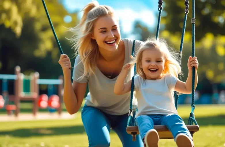 Mãe solo brincando com filha, simbolizando a busca por informações sobre seus direitos à pensão alimentícia e auxílios do governo.