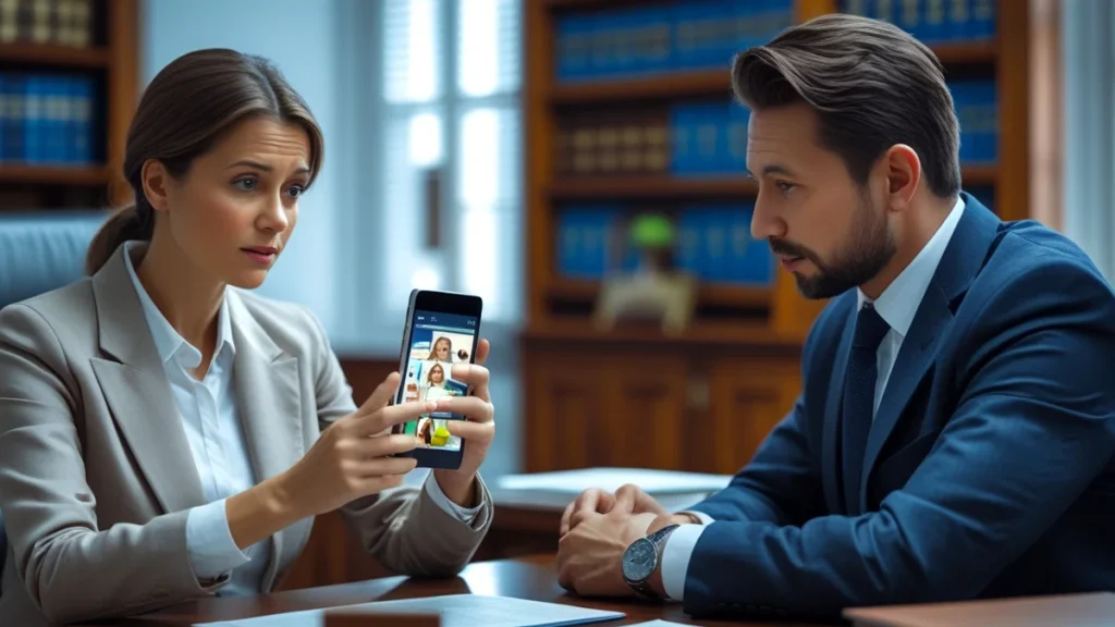 Uma mãe preocupada mostra a tela de um celular para um advogado de família em um escritório, simbolizando a busca por orientação legal para proibir a postagem de fotos do filho nas redes sociais.
