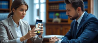 Uma mãe preocupada mostra a tela de um celular para um advogado de família em um escritório, simbolizando a busca por orientação legal para proibir a postagem de fotos do filho nas redes sociais.