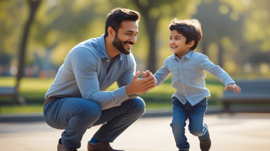 Imagem calorosa de um padrasto sorrindo enquanto brinca com seu enteado