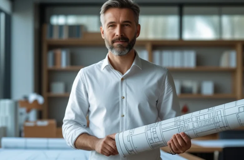 Imagem de uma casa em construção com um grande carimbo vermelho de "Embargado" sobreposto, e ao lado, uma pessoa com expressão preocupada segurando uma notificação da prefeitura, ilustrando os riscos legais de uma construção sem licença.