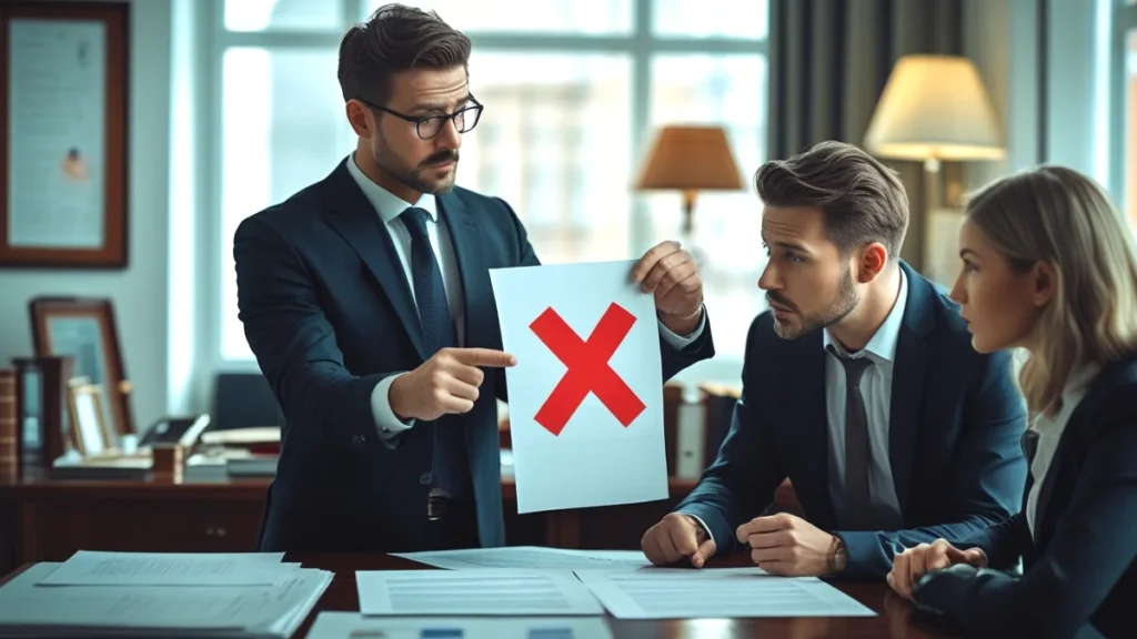 Advogado especialista em direito imobiliário mostrando um documento com um X vermelho para um casal, simbolizando os perigos de um contrato de gaveta em locação de imóvel.