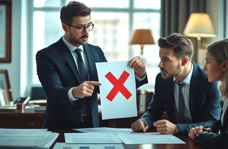 Advogado especialista em direito imobiliário mostrando um documento com um X vermelho para um casal, simbolizando os perigos de um contrato de gaveta em locação de imóvel.