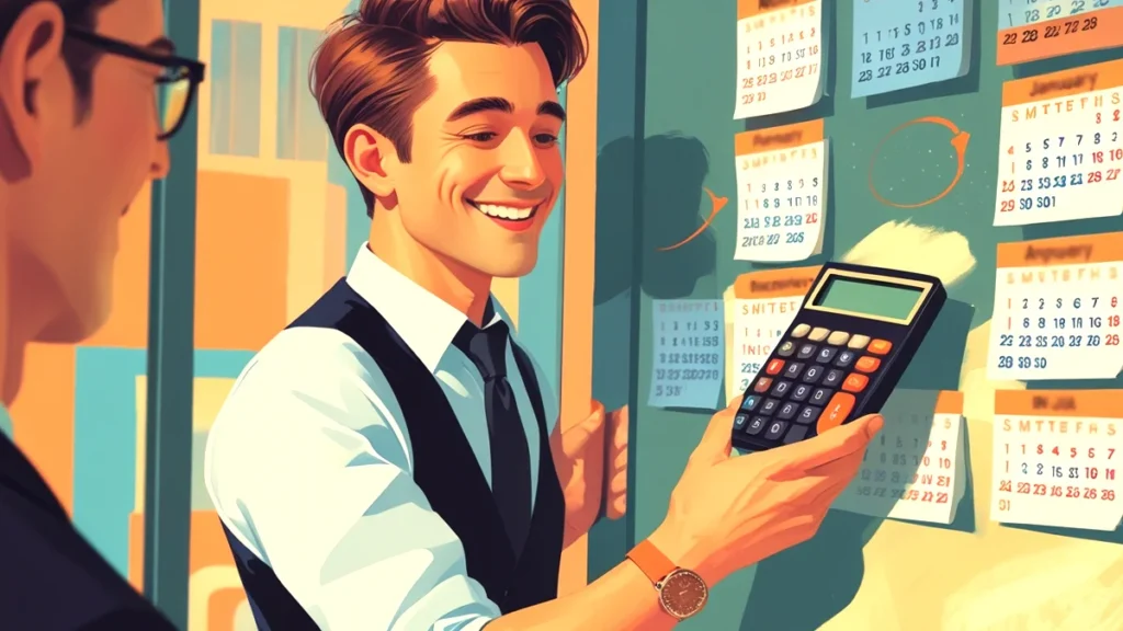 Um homem sorrindo olha para um calendário com as datas de novembro e dezembro circuladas, enquanto usa uma calculadora, simbolizando o planejamento e o cálculo do 13º salário.