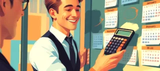 Um homem sorrindo olha para um calendário com as datas de novembro e dezembro circuladas, enquanto usa uma calculadora, simbolizando o planejamento e o cálculo do 13º salário.