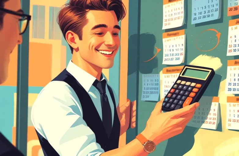 Um homem sorrindo olha para um calendário com as datas de novembro e dezembro circuladas, enquanto usa uma calculadora, simbolizando o planejamento e o cálculo do 13º salário.