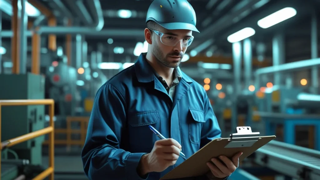 Um trabalhador industrial experiente, usando equipamento de proteção, analisa documentos sobre seu tempo especial para planejar a aposentadoria especial.