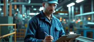 Um trabalhador industrial experiente, usando equipamento de proteção, analisa documentos sobre seu tempo especial para planejar a aposentadoria especial.