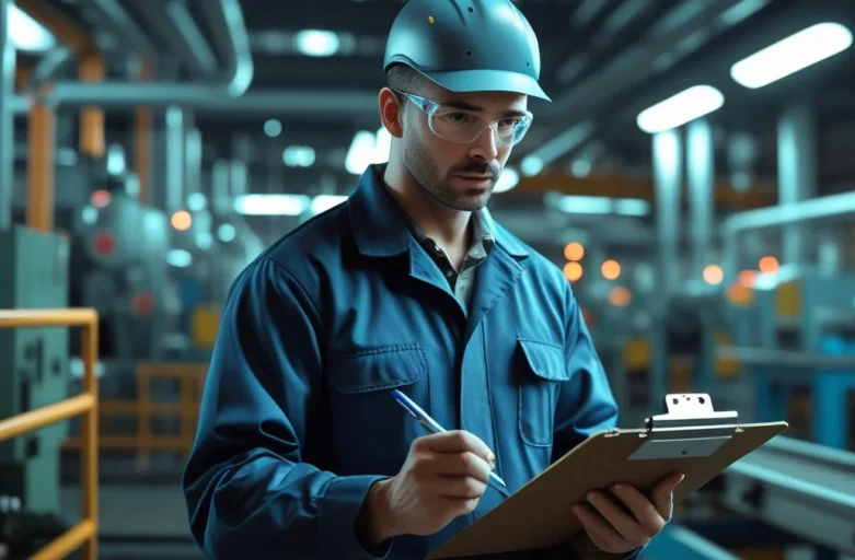 Um trabalhador industrial experiente, usando equipamento de proteção, analisa documentos sobre seu tempo especial para planejar a aposentadoria especial.