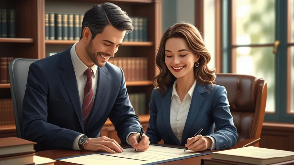 Casal sentado à mesa de reunião com advogado especialista em direito de família, discutindo de forma serena os termos da dissolução de união estável e a partilha de bens.