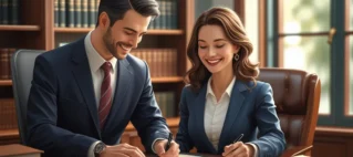 Casal sentado à mesa de reunião com advogado especialista em direito de família, discutindo de forma serena os termos da dissolução de união estável e a partilha de bens.