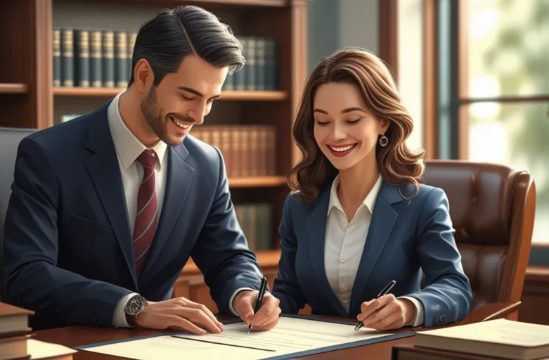 Casal sentado à mesa de reunião com advogado especialista em direito de família, discutindo de forma serena os termos da dissolução de união estável e a partilha de bens.