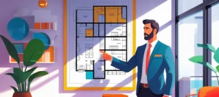 Advogado especialista em direito condominial aponta para a planta de um edifício, discutindo as regras para alteração em área comum com um cliente em seu escritório.