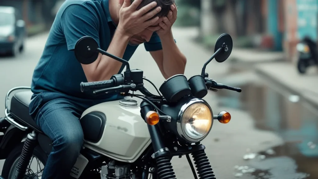 Homem com capacete olhando para os documentos de uma motocicleta com uma expressão preocupada, simbolizando a descoberta de um sinistro após a compra e a busca por seus direitos