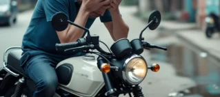 Homem com capacete olhando para os documentos de uma motocicleta com uma expressão preocupada, simbolizando a descoberta de um sinistro após a compra e a busca por seus direitos