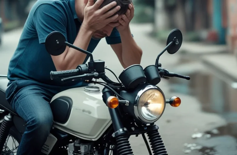 Homem com capacete olhando para os documentos de uma motocicleta com uma expressão preocupada, simbolizando a descoberta de um sinistro após a compra e a busca por seus direitos