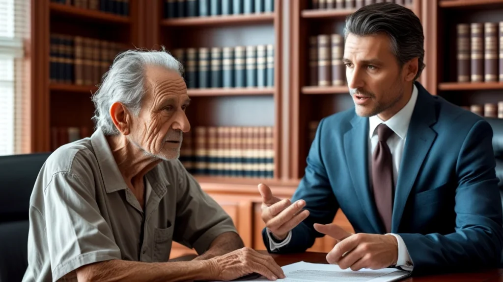 Advogado especialista em direito sucessório conversando com um cliente aposentado sobre a elaboração de seu testamento em um escritório.